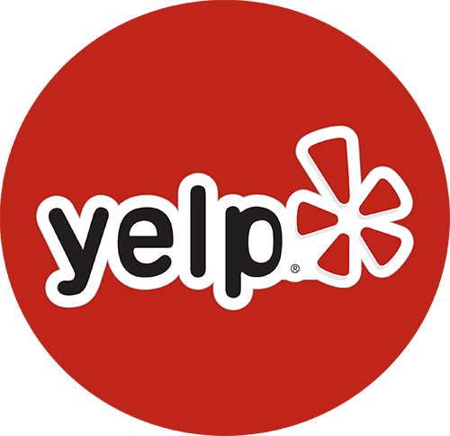 Yelp logo with white text and red starburst on a red circular background.